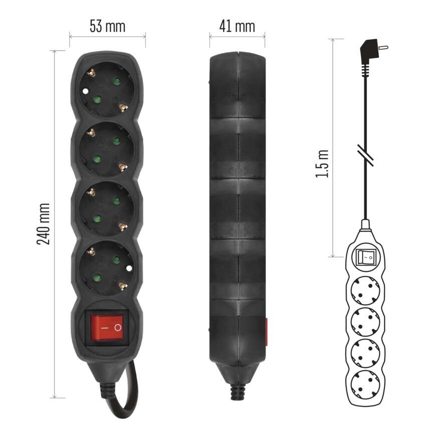 Pagarinātājs, 1,5 m / 4 kontaktligzdas / ar slēdzi / melns / PVH / 1,5 mm2