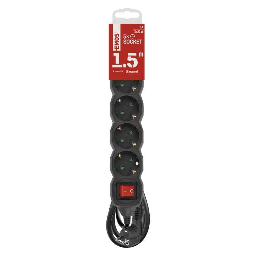 Pagarinātājs, 1,5 m / 5 kontaktligzdas / ar slēdzi / melns / PVH / 1,5 mm2