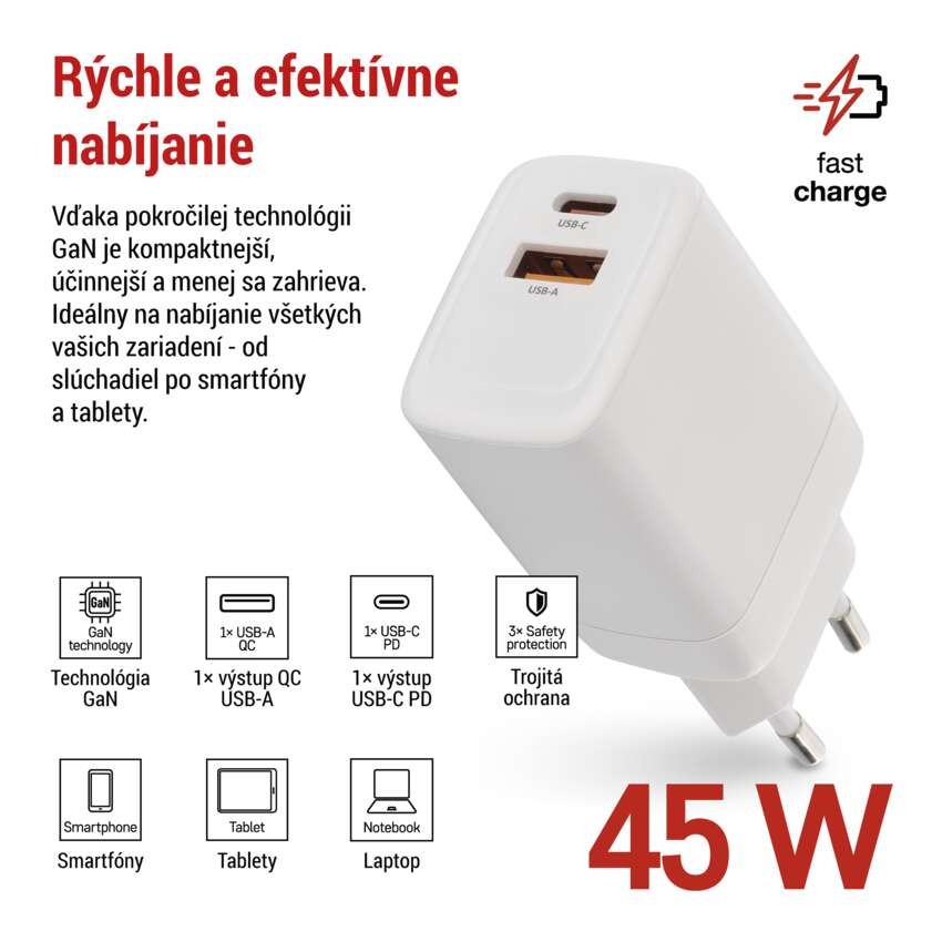 Univerzálny USB adaptér GaN do siete PD 45 W max.