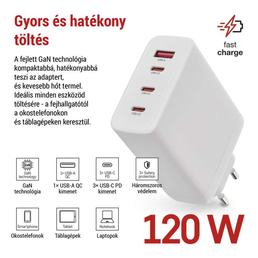 EMOS Univerzális USB töltő GaN PD 120 W max.