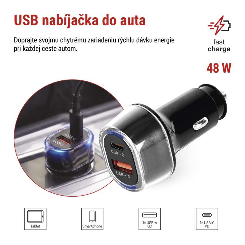 USB adaptér do auta PD/QC 48 W