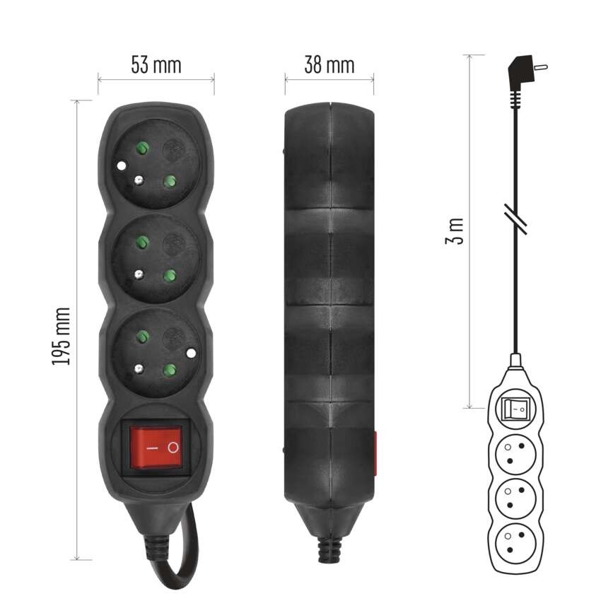 Predlžovací kábel 3 m / 3 zásuvky / s vypínačom / čierny / PVC / 1,5 mm2