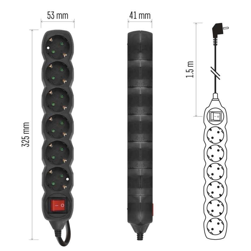 Ilgintuvas 1,5 m / 6 lizdai / su jungikliu / juodas / PVC / 1,5 mm2 