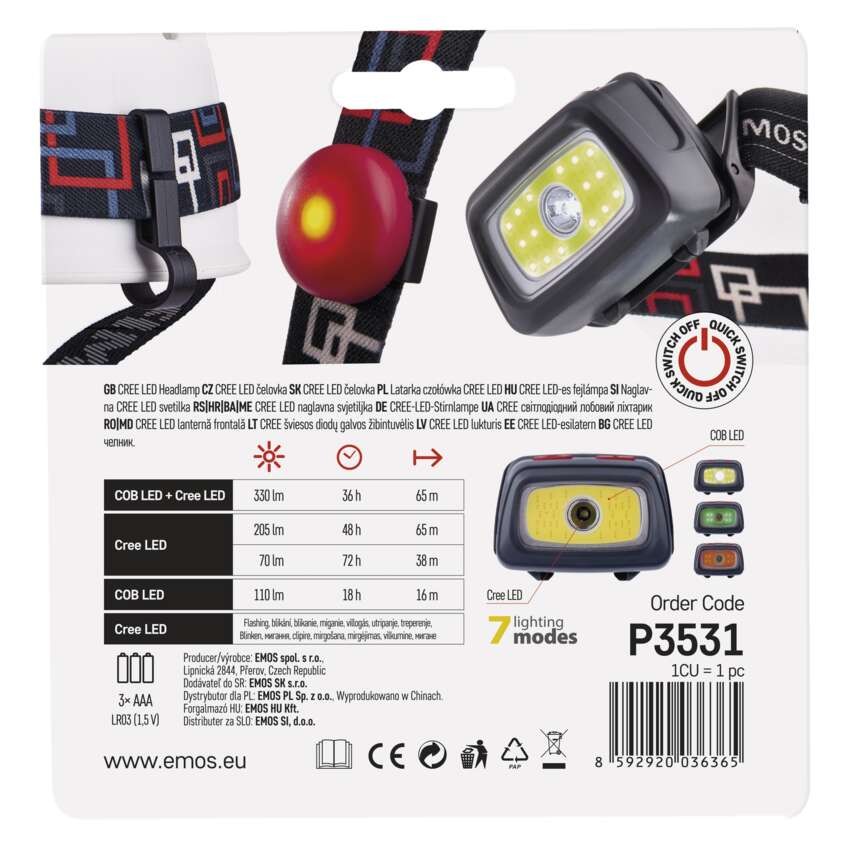 CREE LED + COB LED Stirnlampe P3531, 330 lm, 65 m, für 3x AAA