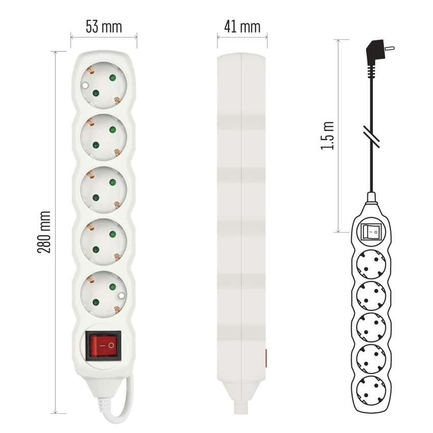 Ilgintuvas 1,5 m / 5 lizdai / su jungikliu / baltas / PVC / 1,5 mm2 