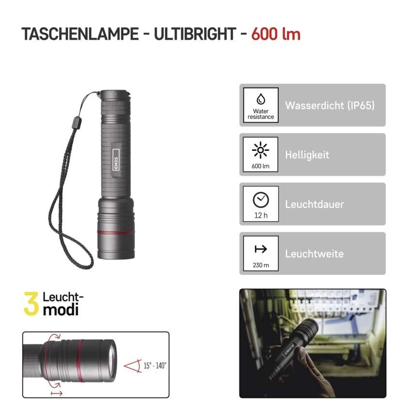 CREE LED Aufladbare Metall-Taschenlampe Ultibright 80, 600lm