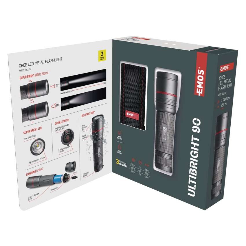 CREE LED įkraunamas metalinis žibintuvėlis Ultibright 90, 1200 lm