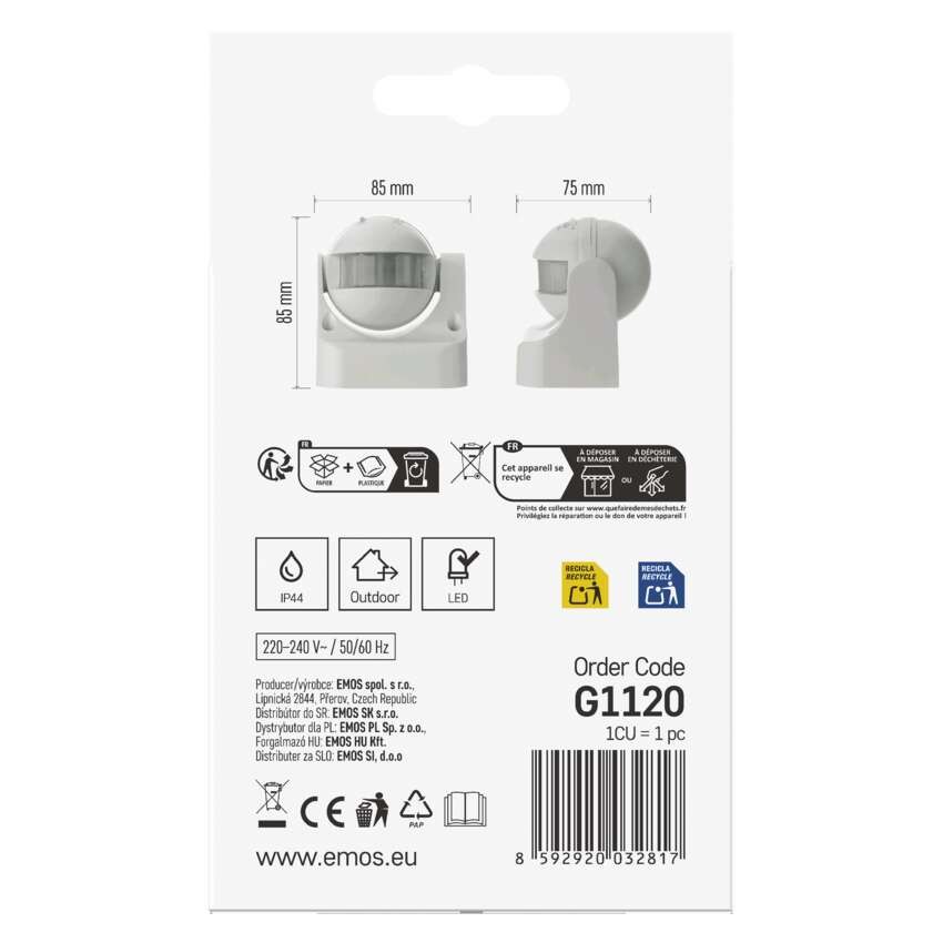 Bewegungsmelder (PIR-Sensor) IP44 1200W Weiss