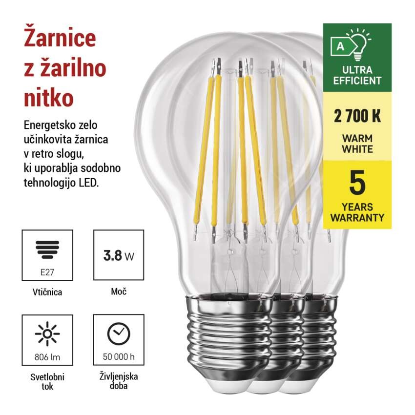LED žarnica Filament A60 A CLASS/ E27 / 3,8 W (60 W) / 806 lm / toplo bela