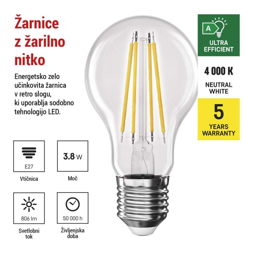 LED žarnica Filament A60 A CLASS/ E27 / 3,8 W (60 W) / 806 lm / nevtralno bela