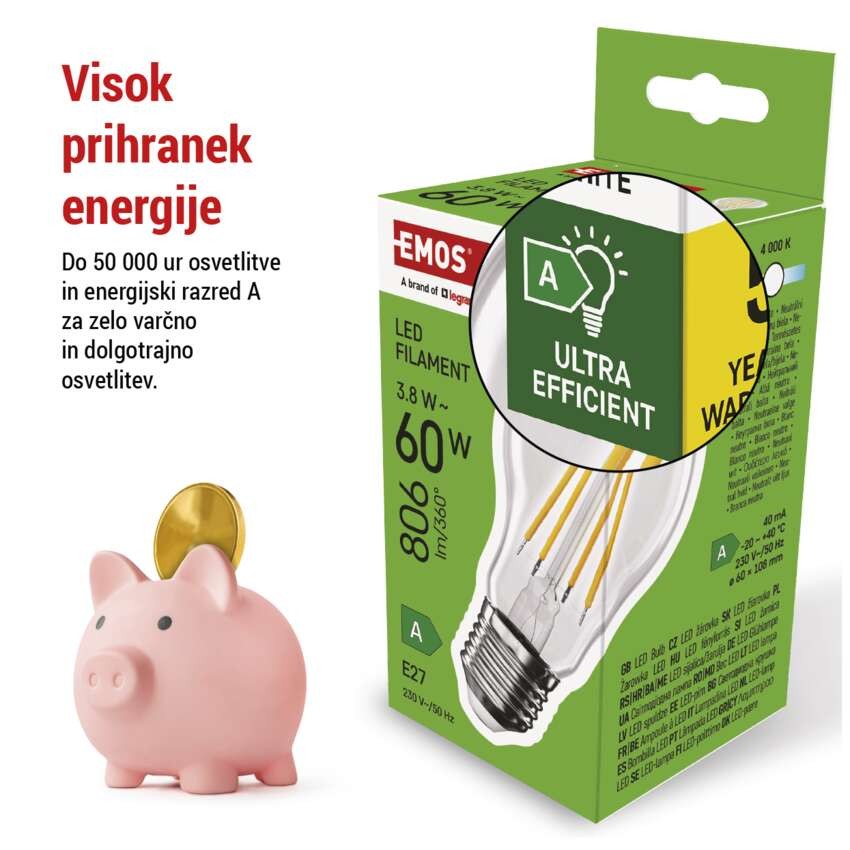 LED žarnica Filament A60 A CLASS/ E27 / 3,8 W (60 W) / 806 lm / nevtralno bela