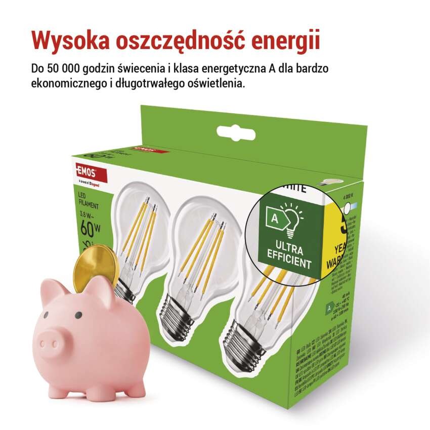 Żarówka LED Filament A60 A CLASS/ E27 / 3,8 W (60 W) / 806 lm / neutralna biel