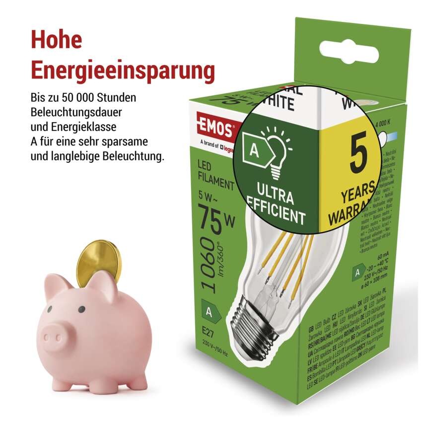 LED Lampe Filament A60 A CLASS/ E27 / 5 W (75 W) / 1 060 lm / Neutralweiß
