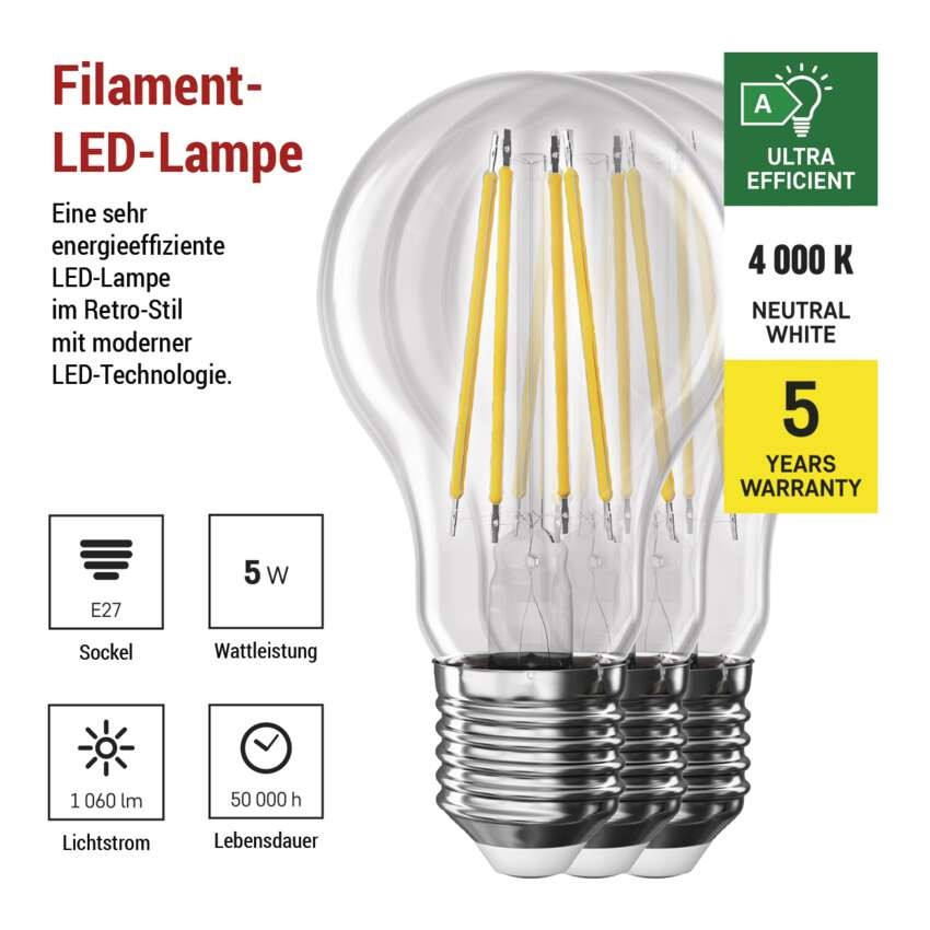 LED Lampe Filament A CLASS A60/ E27 / 5 W (75 W) / 1 060 lm / Neutralweiß