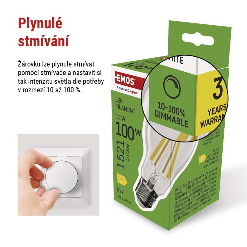 LED žárovka Filament A60 / E27 / 11W (100W) / 1521 lm / neutrální bílá / stmívatelná