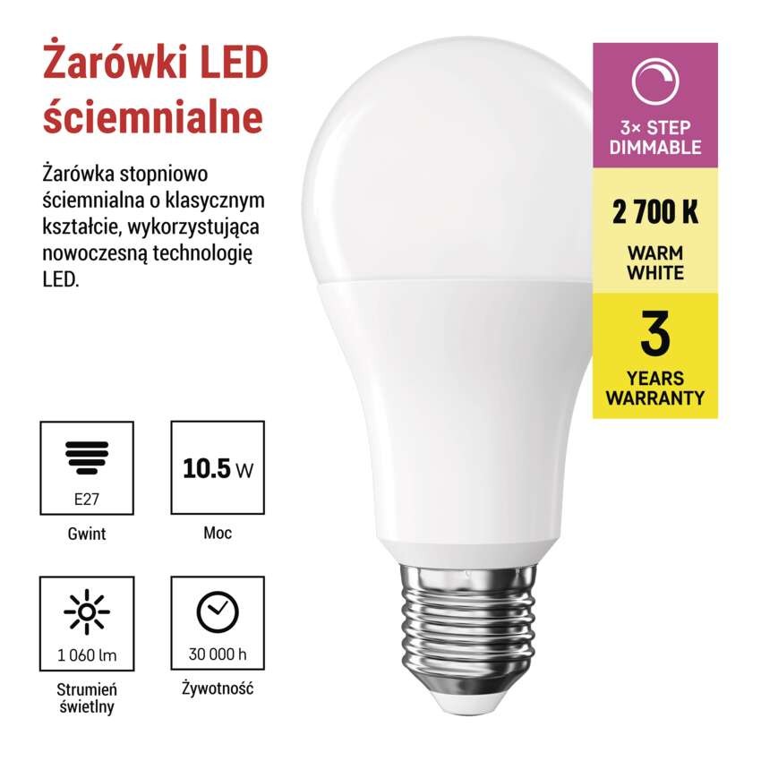 Żarówka LED Classic A60 / E27 / 10,5 W (75 W) / 1 060 lm / ciepła biel /ściemnianie stopn.