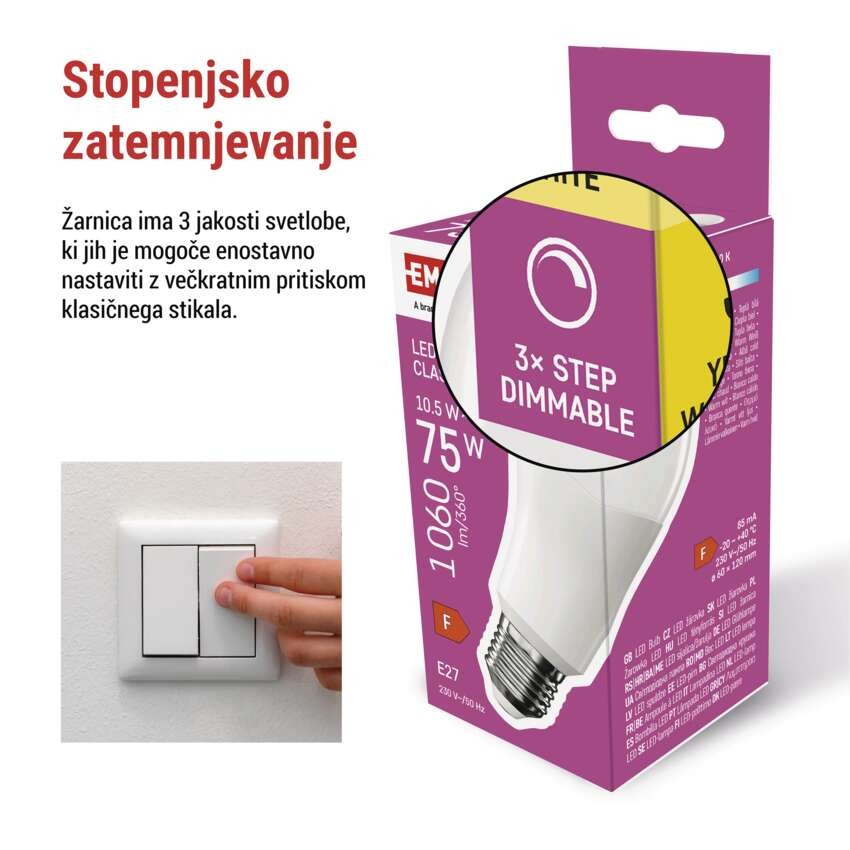 LED žarnica Classic A60 / E27 / 10,5 W (75 W) / 1 060 lm / toplo bela /stopenjsko zatemnit