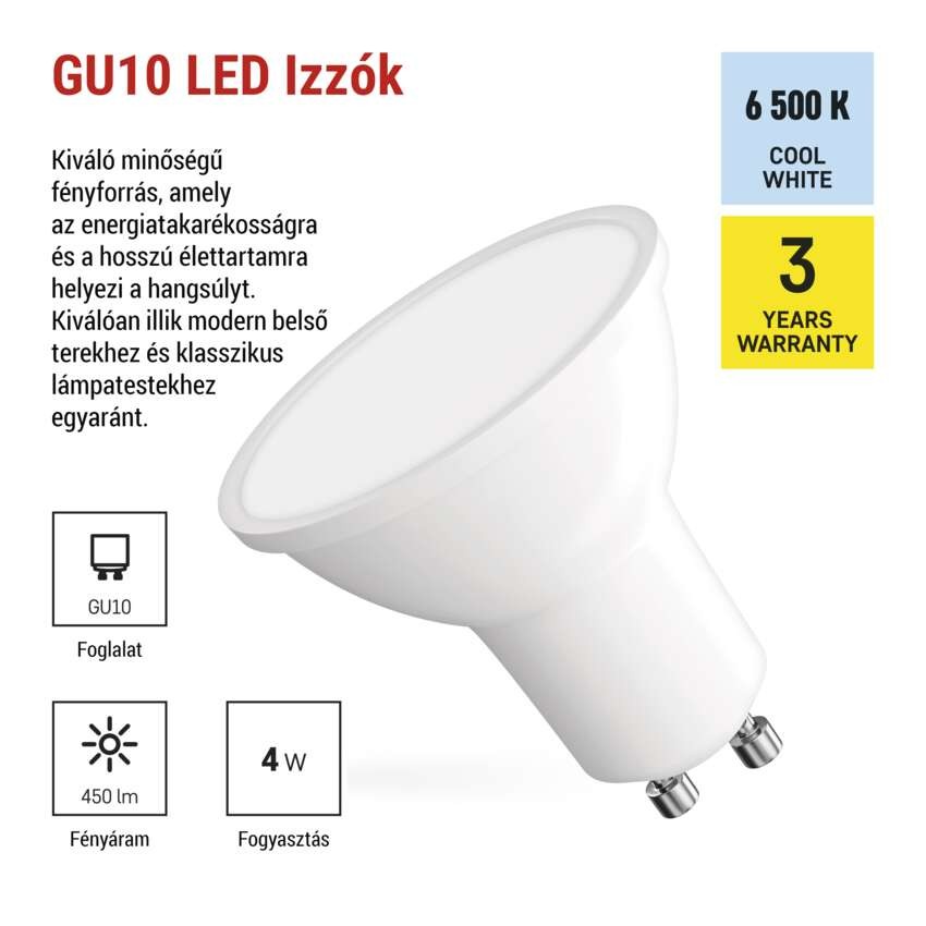 LED izzó Classic MR16 fehér/ GU10 / 4 W (39 W) / 450 lm / Hideg fehér