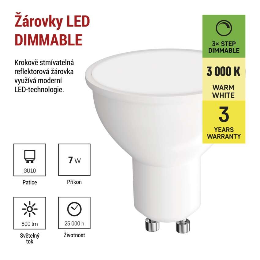 LED žárovka Classic MR16 / GU10 / 7 W (60 W) / 800 lm / teplá bílá / stmívatelná / krokově