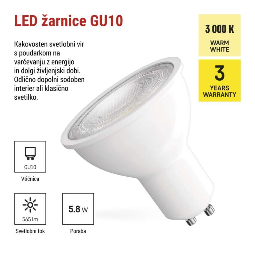 LED žarnica Classic MR16 bela/ GU10 / 5,8 W (75 W) / 565 lm / Toplo bel