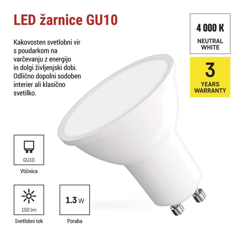 LED žarnica Classic MR16 bela/ GU10 / 1,3 W (16 W) / 150 lm / Nevtralna bela
