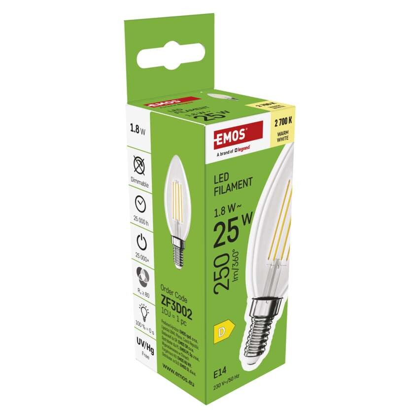 LED lemputė Filament Candle / E14 / 1,8 W (25 W) / 250 lm / Šilta balta