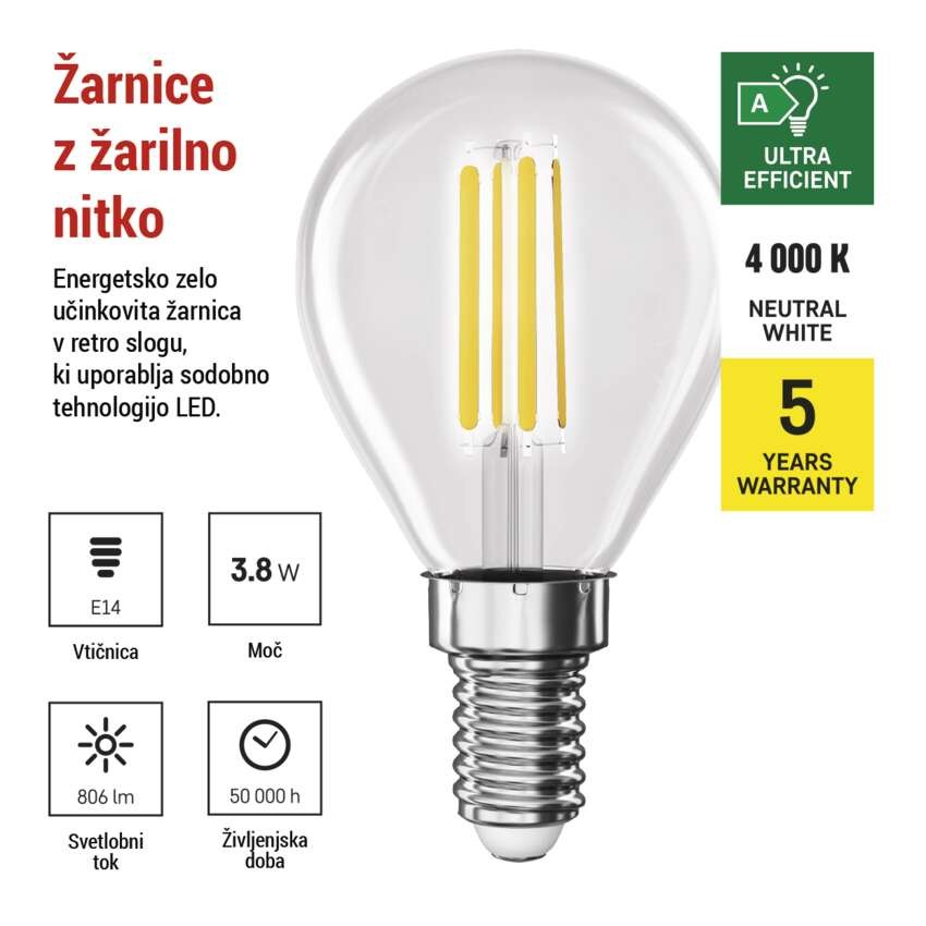 LED žarnica Filament Mini Globe  A CLASS/ E14 / 3,8 W (60 W) / 806 lm / Nevtralna bela