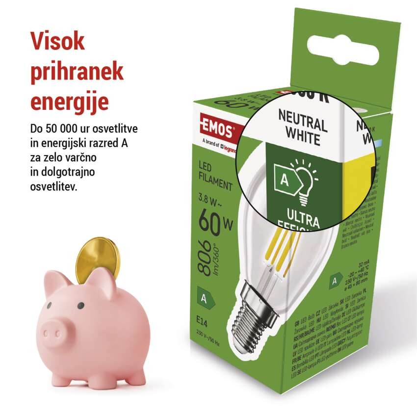 LED žarnica Filament Mini Globe  A CLASS/ E14 / 3,8 W (60 W) / 806 lm / Nevtralna bela