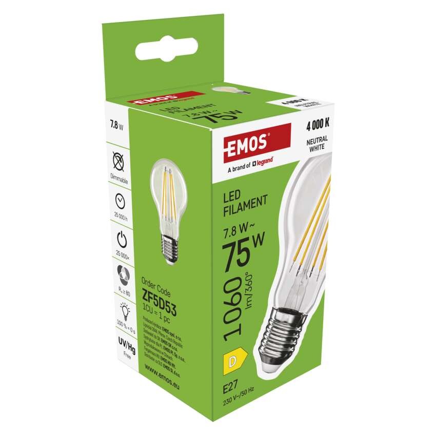 Żarówka LED Filament A60 / E27 / 7,8 W (75 W) / 1060 lm / 1060 lm / neutralna biel
