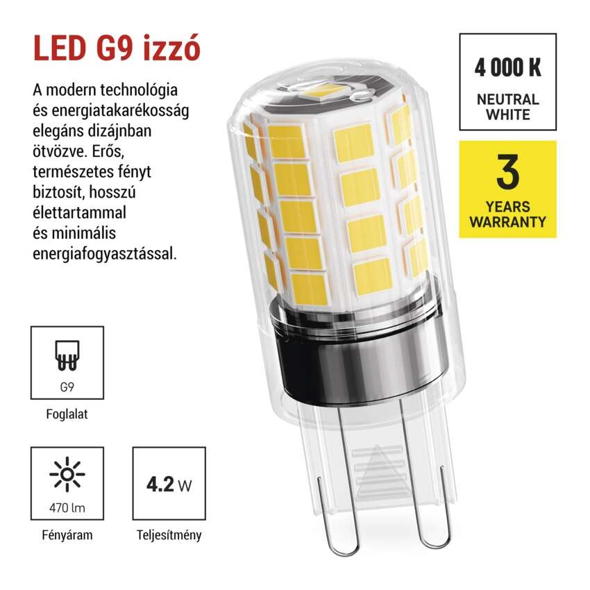 LED izzó Classic JC / G9 / 4,2 W (40 W) / 470 lm / Természetes fehér