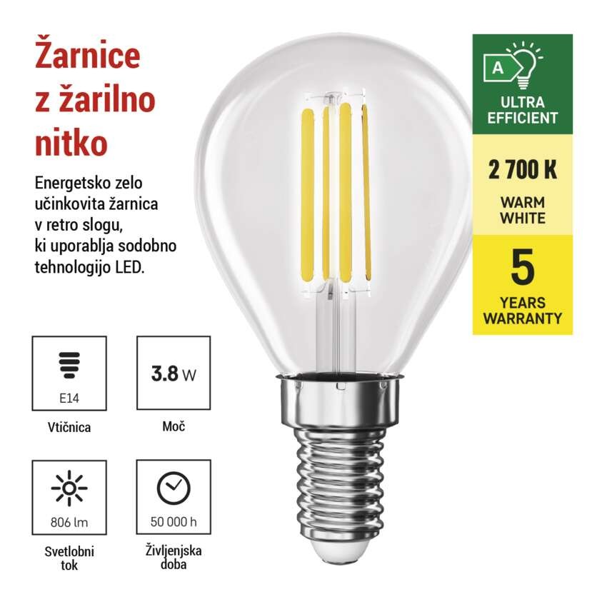 LED žarnica Filament Mini Globe A CLASS / E14 / 3,8 W (60 W) / 806 lm / toplo bela