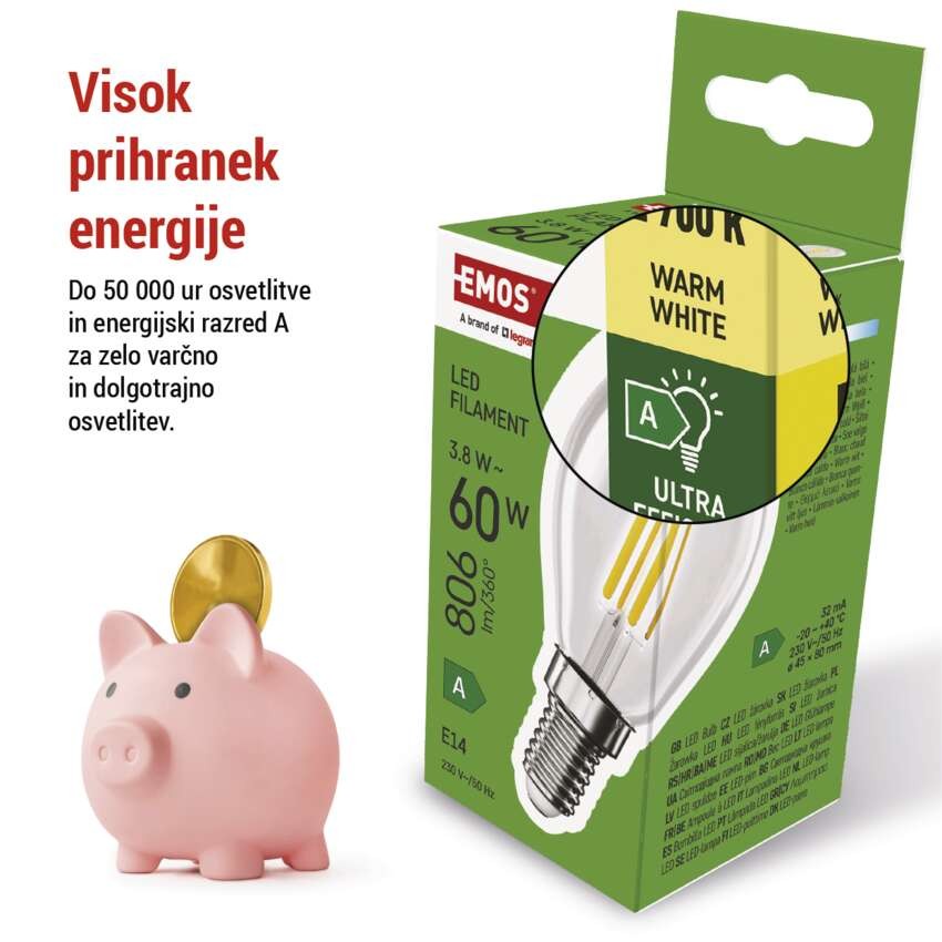 LED žarnica Filament Mini Globe A CLASS / E14 / 3,8 W (60 W) / 806 lm / toplo bela