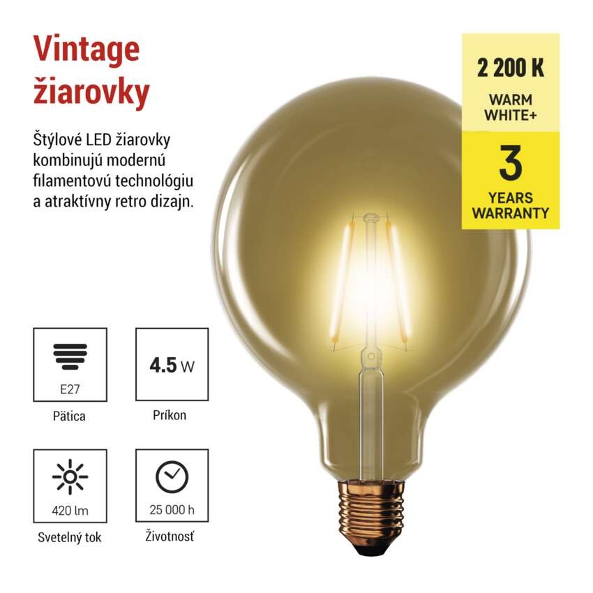 LED žiarovka Vintage G125 / E27 / 4,5 W (40 W) / 420 lm / Teplá biela