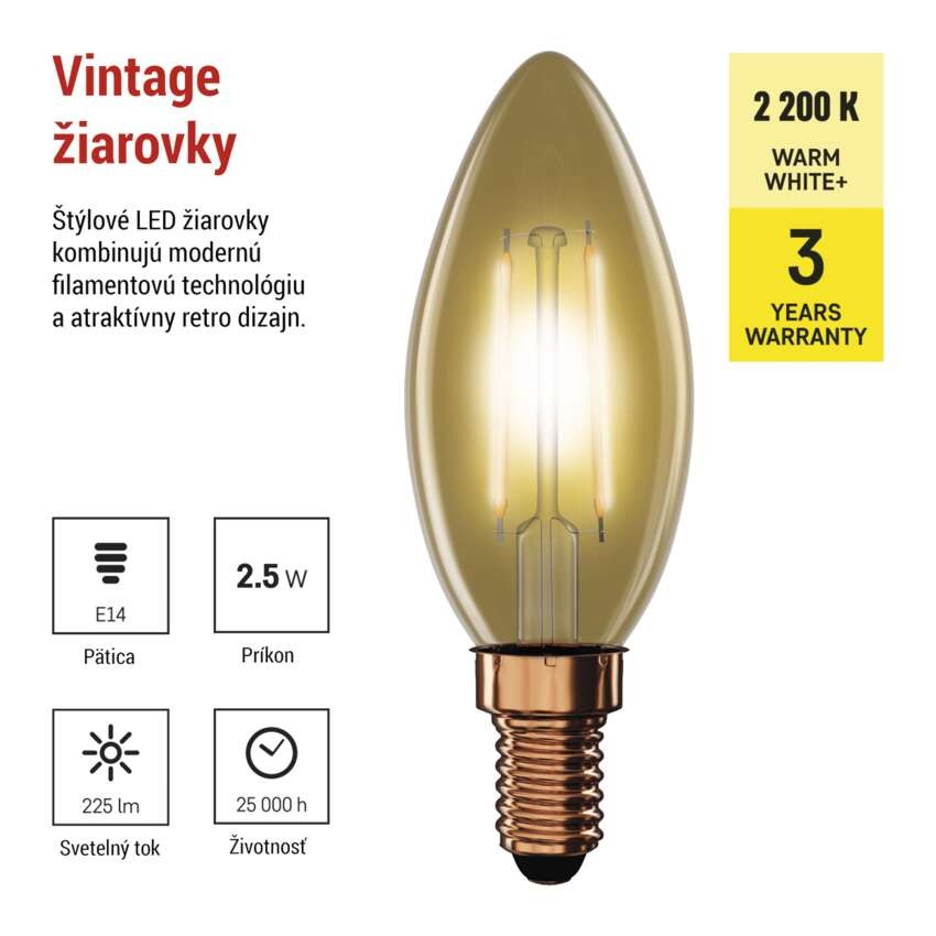 LED žiarovka Vintage sviečka / E14 / 2,5 W (20 W) / 225 lm / Teplá biela