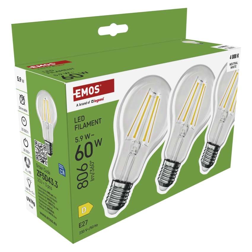 Żarówka LED Filament A60 / E27 / 5,9 W (60 W) / 806 lm / Neutralna biel