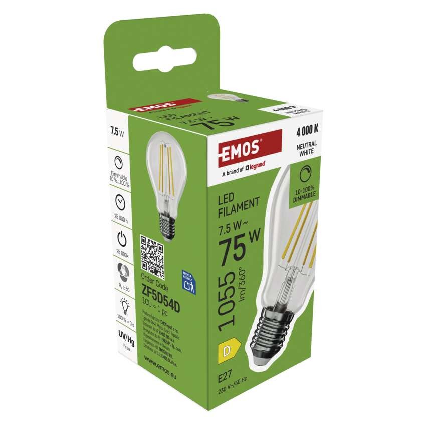 Żarówka LED Filament A60/ E27 / 7,5 W (75 W) / 1 055 lm /neutralna biel / ściemnialna