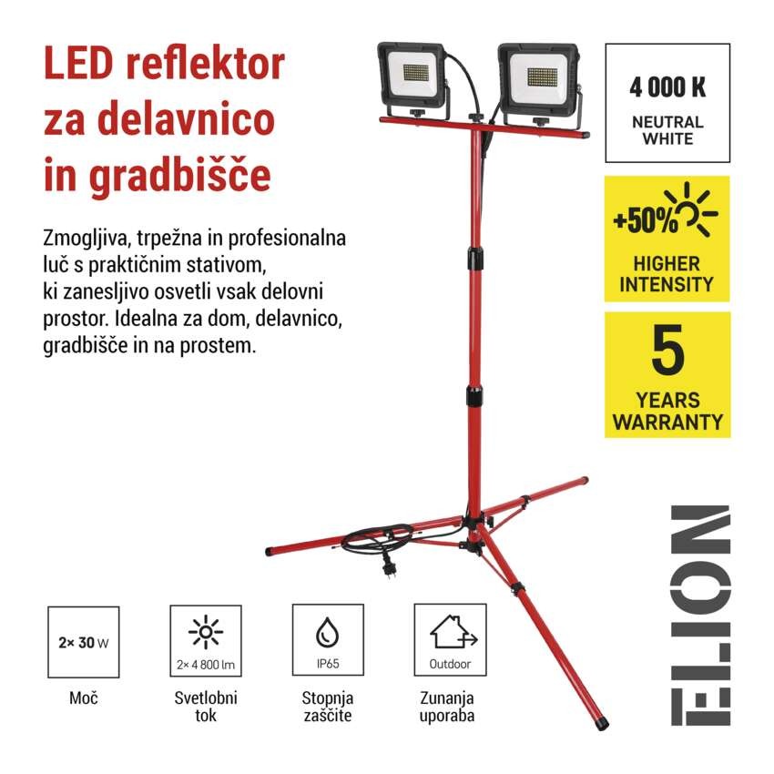 LED reflektor ELION 2×30W + trinožni stativ, nevtralna bela