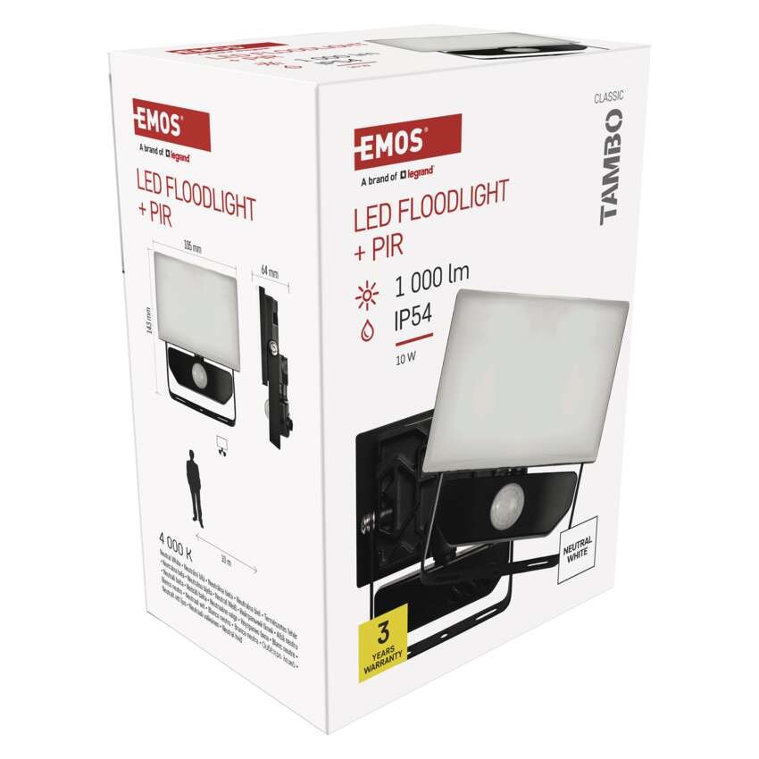LED prožektorius TAMBO su judesio jutikliu, 10 W, 1000 lm, juodas