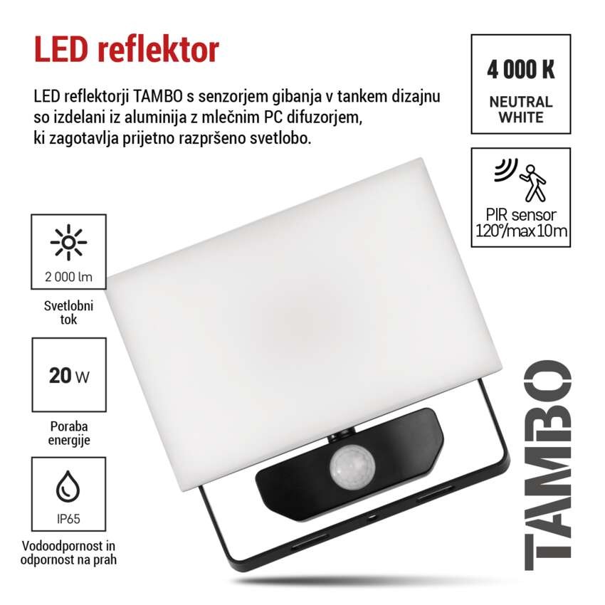 LED reflektor TAMBO s senzorjem gibanja, 20 W, 2000 lm, črn
