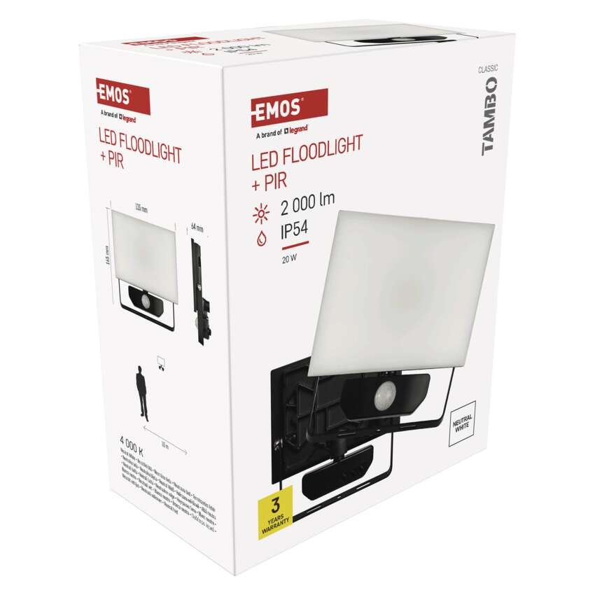 LED reflektor TAMBO s senzorjem gibanja, 20 W, 2000 lm, črn