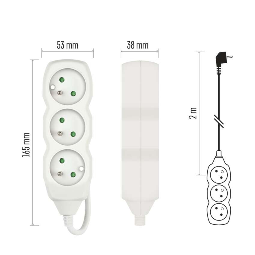Przedłużacz 2 m / 3 gniazda / biały / PVC / 1 mm2