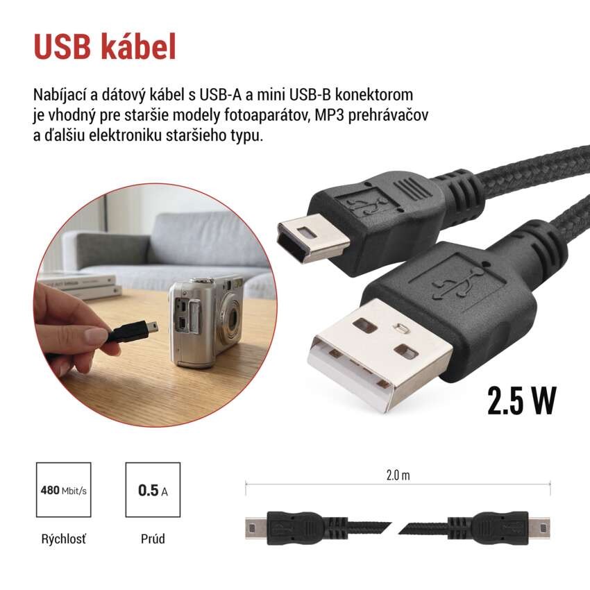 Nabíjací a dátový kábel USB-A 2.0 / mini USB-B 2.0, 2 m, čierny