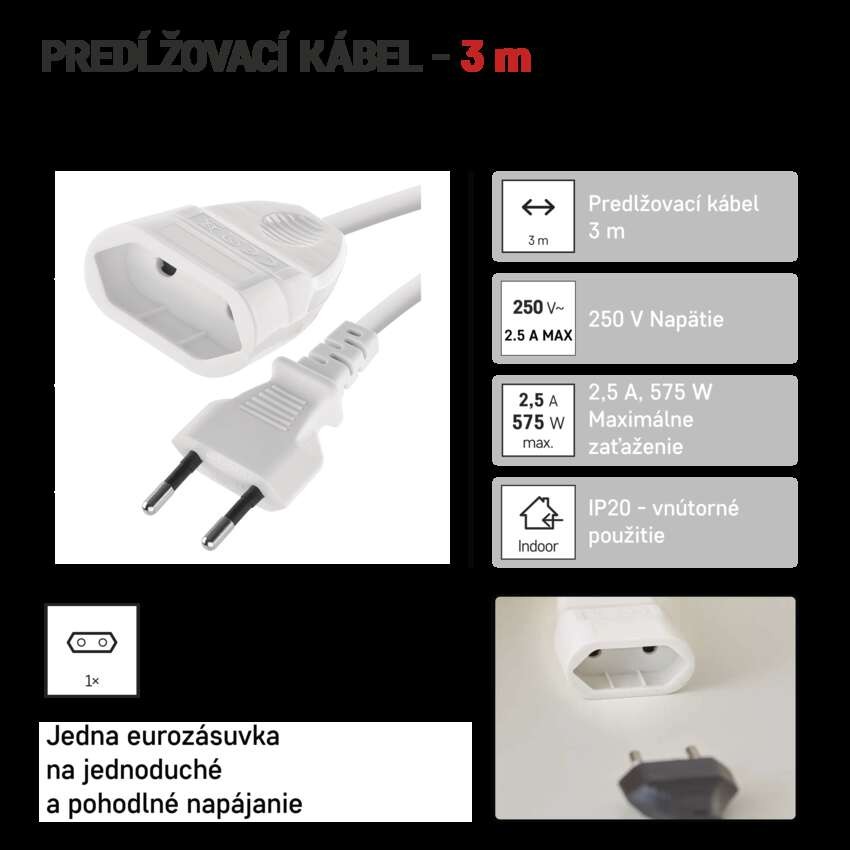 Dvojžilový pohyblivý prívod 3 m / 1 zásuvka / biely / PVC / 0,75 mm2
