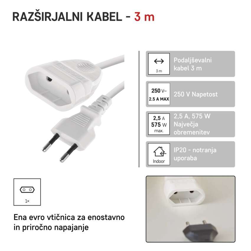 Podaljšek 3 m / 1 vtičnica / beli / PVC / 0,75 mm2