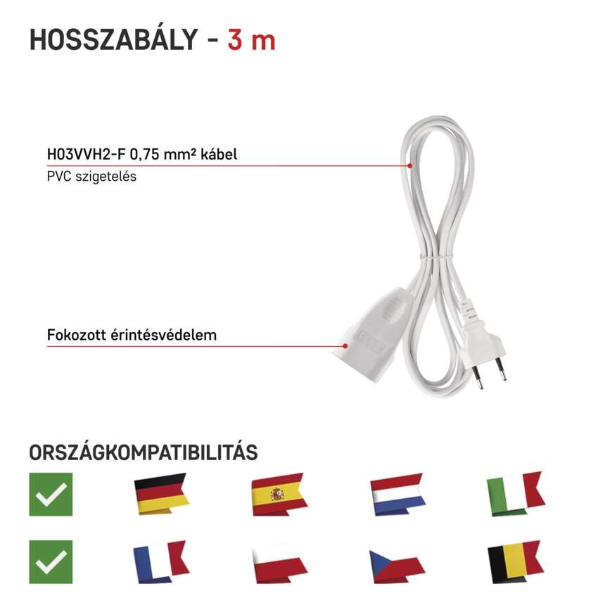 Hosszabbító 3 m / 1 aljzat / fehér / PVC / 0,75 mm2