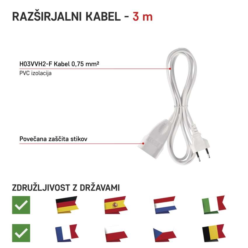 Podaljšek 3 m / 1 vtičnica / beli / PVC / 0,75 mm2