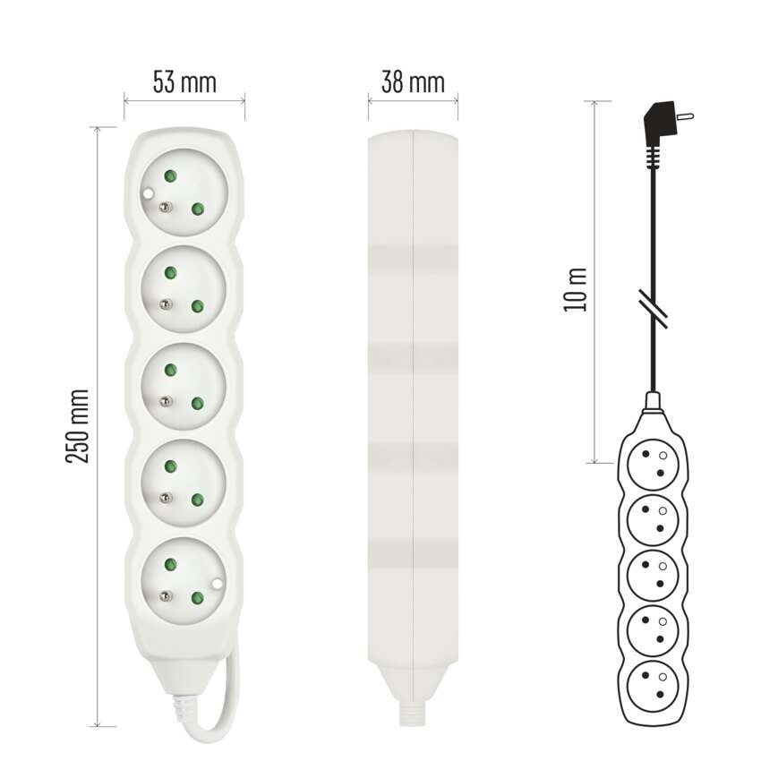 Przedłużacz 10 m / 5 gniazd / biały / PVC / 1 mm2