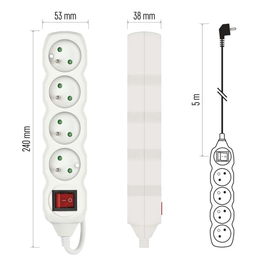 Prodlužovací kabel 5 m / 4 zásuvky / s vypínačem / bílý / PVC / 1,5 mm2