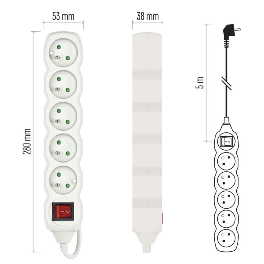 Przedłużacz 5 m / 5 gniazd / z wyłącznikiem / biały / PVC / 1,5 mm2