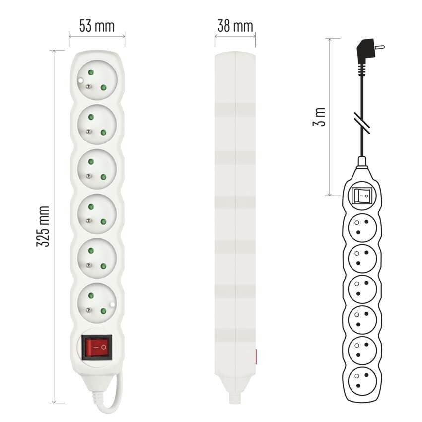 Predlžovací kábel 3 m / 6 zásuviek / s vypínačom / biely / PVC / 1,5 mm2